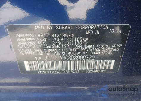 2024 Subaru Impreza Base 5-Door из США, поврежденный, VIN JF1GUABC8R8909320